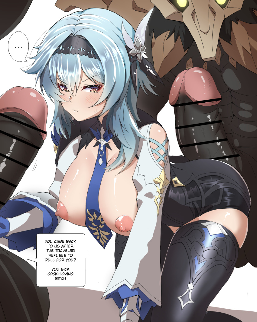 ... 1girl 2boys absurdres between_breasts black_skin blue_hair blush breasts colored_skin english_text eula_(genshin_impact) genshin_impact group_sex hairband highres huge_penis imminent_rape large_breasts leotard lhofi mask mitachurl monster multiple_boys necktie necktie_between_breasts nipples penis thighhighs thought_bubble threesome