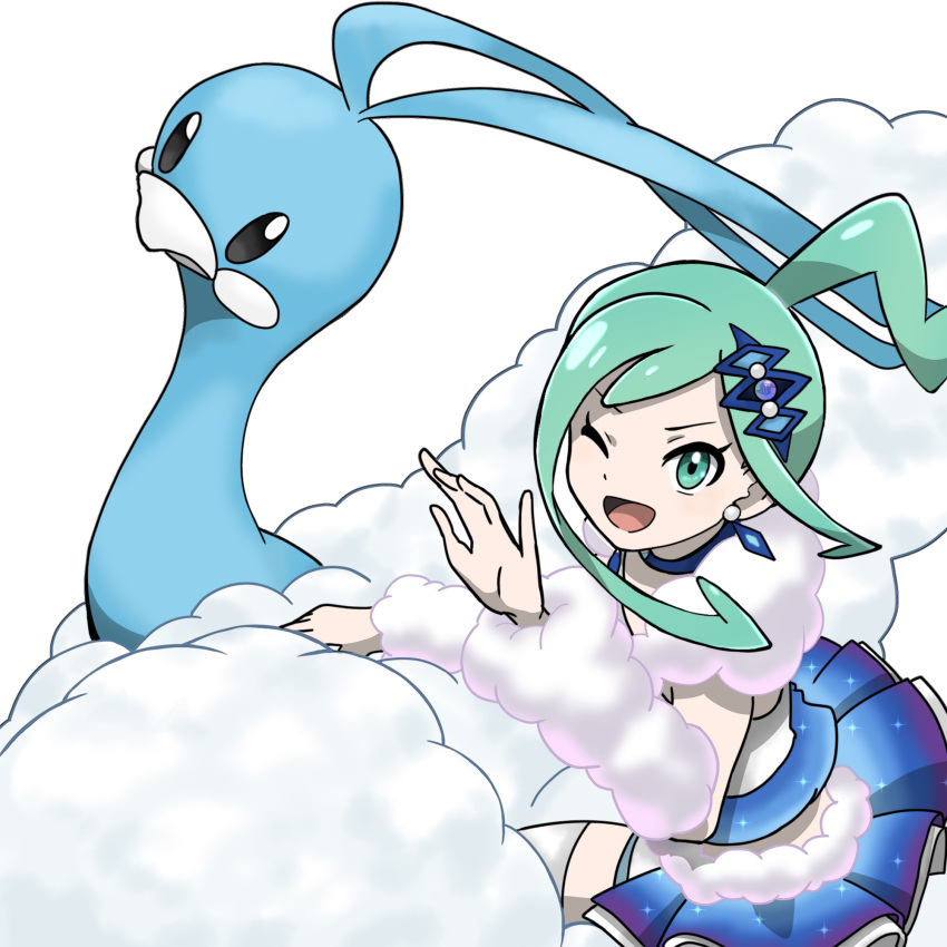 1girl ;d altaria arm_warmers blue_collar collar commentary_request earrings eyelashes green_eyes green_hair hair_ornament hairpin hand_up highres jewelry lisia_(pokemon) long_hair one_eye_closed open_mouth pleated_skirt pokemon pokemon_(creature) pokemon_(game) pokemon_oras ror_(meisakutaro) sidelocks simple_background skirt smile thighhighs tongue white_background