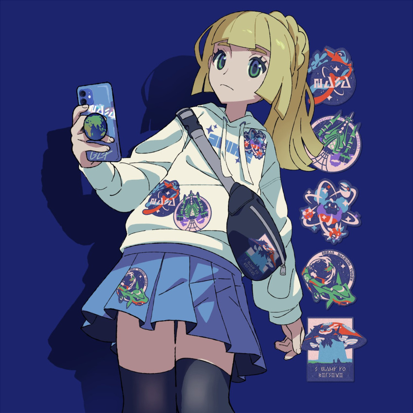 1girl alternate_costume bag blonde_hair blue_background blue_skirt blunt_bangs celesteela closed_mouth cosmog deoxys gigantamax gigantamax_orbeetle green_eyes highres holding holding_phone light_frown lillie_(pokemon) long_hair orbeetle phone pinkgermy pleated_skirt pokemon pokemon_(game) pokemon_sm ponytail rayquaza shadow shoulder_bag skirt sticker sweater thighhighs white_sweater