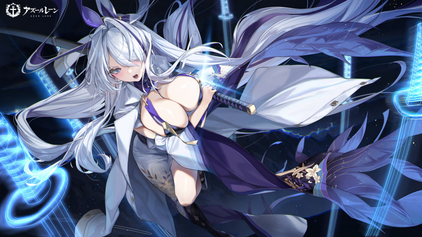 1girl azur_lane breasts cleavage coat coat_on_shoulders copyright_name detached_sleeves drawing_sword floating_hair floral_print grey_hair hair_intakes hair_over_one_eye highres holding holding_sword holding_weapon japanese_clothes large_breasts long_hair long_sleeves looking_at_viewer multicolored_hair official_art open_clothes open_coat open_mouth pinkmill raised_eyebrow solo streaked_hair sword thighs unzen_(azur_lane) weapon white_coat wide_sleeves