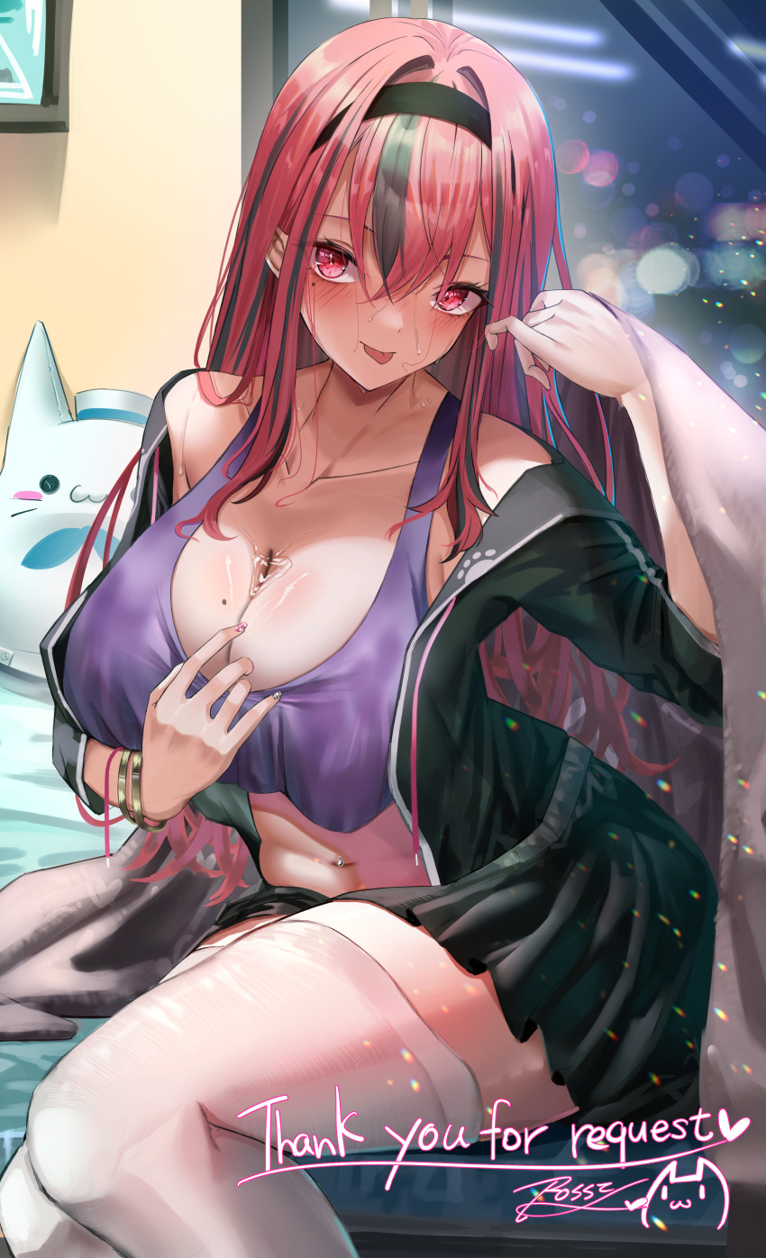 1girl absurdres azur_lane bare_shoulders blush breasts bremerton_(azur_lane) bremerton_(relaxation_consultation)_(azur_lane) character_doll cleavage collarbone commission crossed_bangs curvy english_commentary hair_between_eyes highres indoors large_breasts looking_at_viewer meowfficer_(azur_lane) mole mole_on_breast navel night pixiv_commission rossy_(yowayowachimpo) sidelocks sitting solo stomach wet