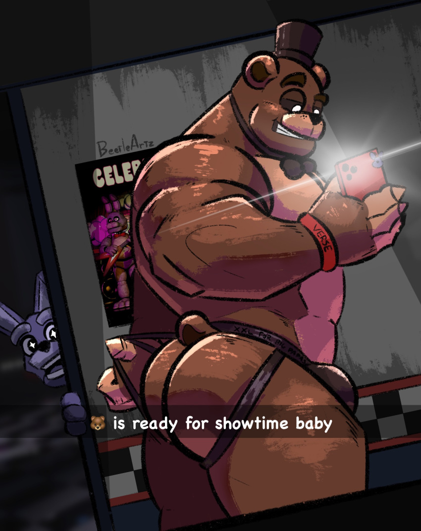 anthro bear beetleartz bonnie_(fnaf) bow_tie brown_body bulge clothing duo five_nights_at_freddy's freddy_(fnaf) genitals hi_res lagomorph leporid machine male male/male mammal muscular muscular_anthro muscular_male pecs phone rabbit robot scottgames smile solo_focus text underwear ursine