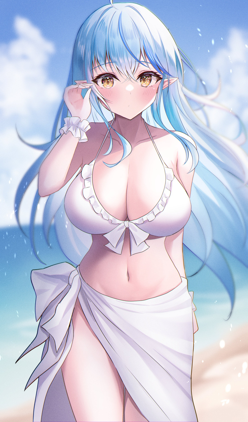 1girl absurdres ahoge bare_shoulders beach bikini blue_hair blue_sky blush bow bow_bikini breasts colored_tips cowboy_shot crossed_bangs double-parted_bangs embarrassed frilled_bikini frills front-tie_bikini_top front-tie_top hair_between_eyes hair_tucking halterneck hand_up highres hololive large_breasts long_hair looking_at_viewer multicolored_hair ocean onabe_no_shime pointy_ears sarong sky solo streaked_hair swimsuit virtual_youtuber white_bikini white_sarong wristband yellow_eyes yukihana_lamy