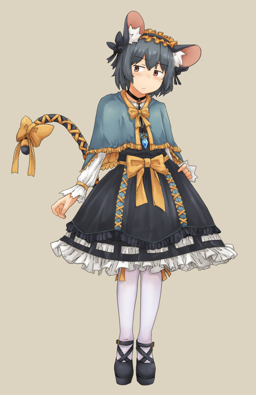 1girl adapted_costume animal_ears black_bow black_dress blue_cape bow brown_eyes cape chagamaka dress grey_hair hair_bow highres looking_to_the_side mouse_ears mouse_girl mouse_tail nazrin shirt short_hair solo tail thighhighs touhou white_shirt white_thighhighs yellow_bow