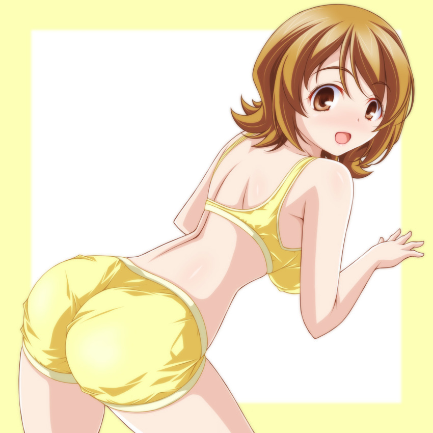 1girl ass back blush from_behind happinesscharge_precure! highres kikuchi_tsutomu leaning_forward looking_at_viewer looking_back loungewear medium_hair oomori_yuuko open_mouth precure short_shorts shorts smile solo sports_bra standing yellow_shorts yellow_sports_bra