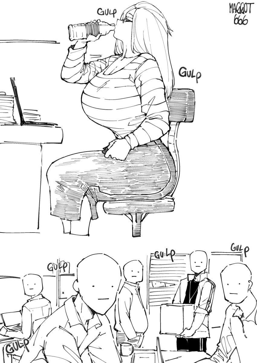1girl absurdres artist_name bangs_pinned_back bottle breasts chair cleavage closed_eyes curvy drinking feet_out_of_frame folded_hair glasses greyscale gulping hair_pulled_back highres huge_breasts inne_sulistya_robin long_hair long_sleeves medium_skirt monochrome multiple_boys norman_maggot office office_chair original profile scoop_neck shirt shirt_tucked_in sitting skirt striped striped_shirt swivel_chair teacher water_bottle