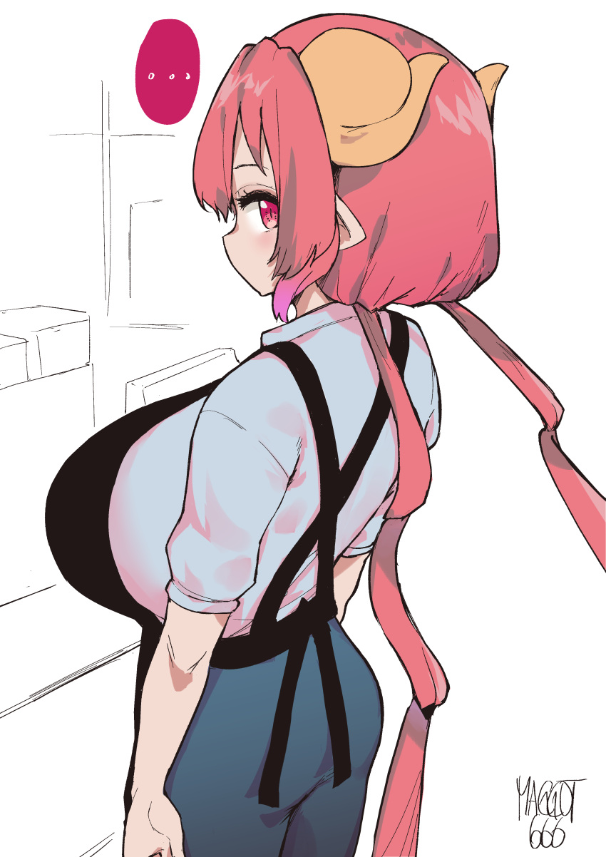 ... 1girl absurdres apron artist_name ass black_apron blue_pants breasts commentary criss-cross_back-straps curvy dragon_girl dragon_horns from_behind gradient_hair highres horns huge_breasts ilulu_(maidragon) kobayashi-san_chi_no_maidragon long_hair looking_at_viewer low_twintails multicolored_hair norman_maggot pants pink_hair red_eyes red_hair shirt shortstack sideways_glance simple_background slit_pupils solo spoken_ellipsis standing twintails two-tone_hair very_long_hair white_background white_shirt