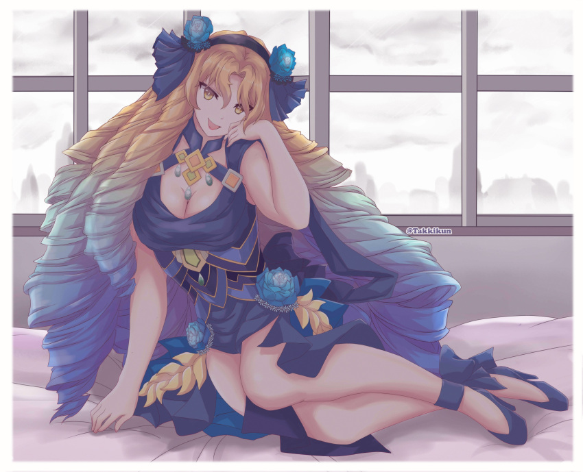 1girl astraea_(fate) bare_legs bed blonde_hair blue_hair breasts cleavage fate/grand_order fate_(series) flower hair_flower hair_ornament hairband highres indoors large_breasts long_hair looking_at_viewer luviagelita_edelfelt lying multicolored_hair open_mouth ribbon smile solo takkikun window yellow_eyes