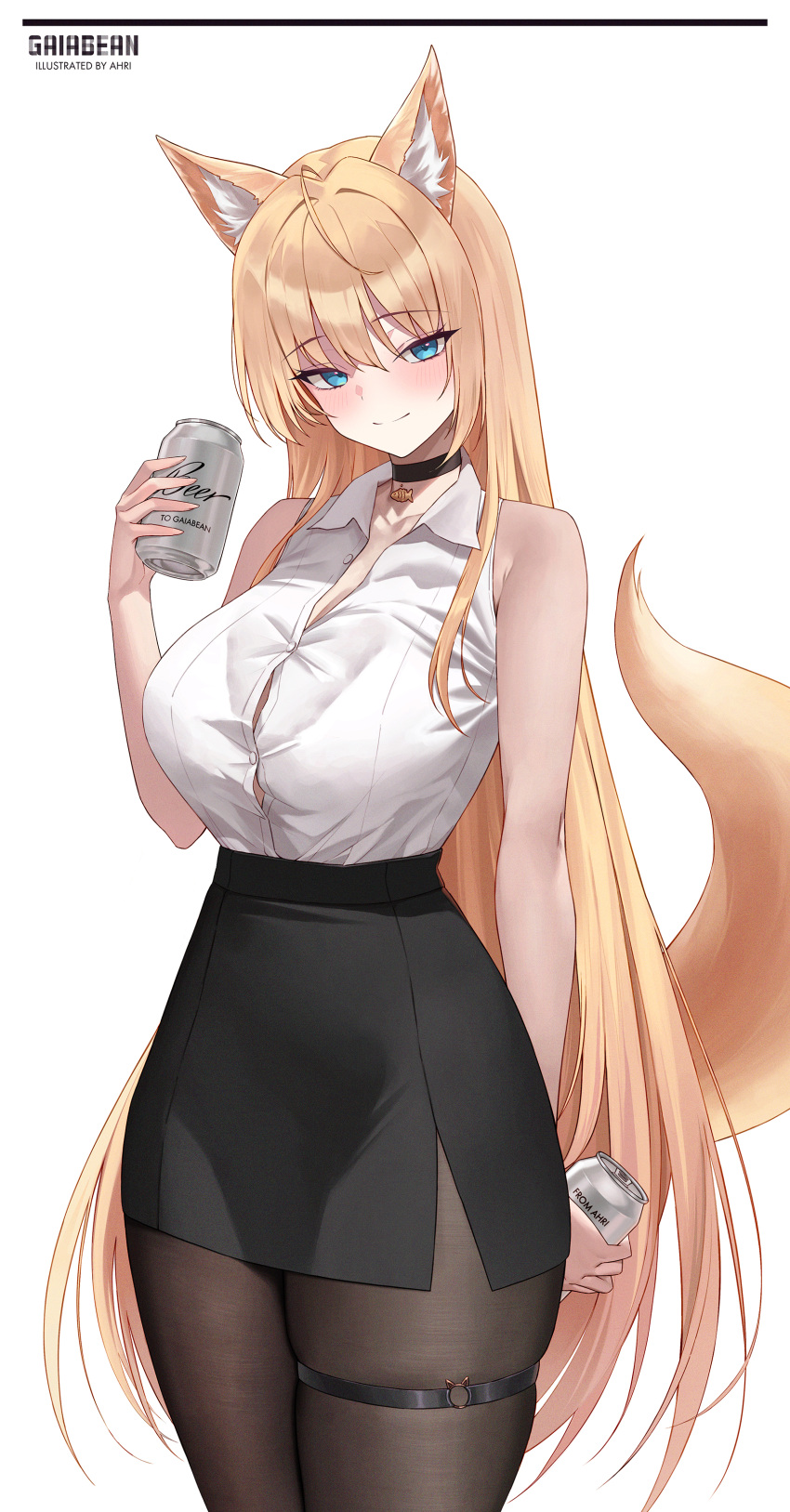 1girl absurdres ahoge animal_ear_fluff animal_ears arm_behind_back artist_name bare_arms bare_shoulders beer_can black_choker black_pantyhose black_skirt blonde_hair blue_eyes breasts can choker closed_mouth collarbone commission dungeon_and_fighter fish fox_ears fox_girl fox_tail goldfish heart_o-ring high-waist_skirt highres holding holding_can iamahri1994 large_breasts legs_together long_hair looking_at_viewer office_lady pantyhose revision shirt simple_background skirt sleeveless sleeveless_shirt smile solo tail taut_clothes taut_shirt thigh_strap thighs white_background white_shirt