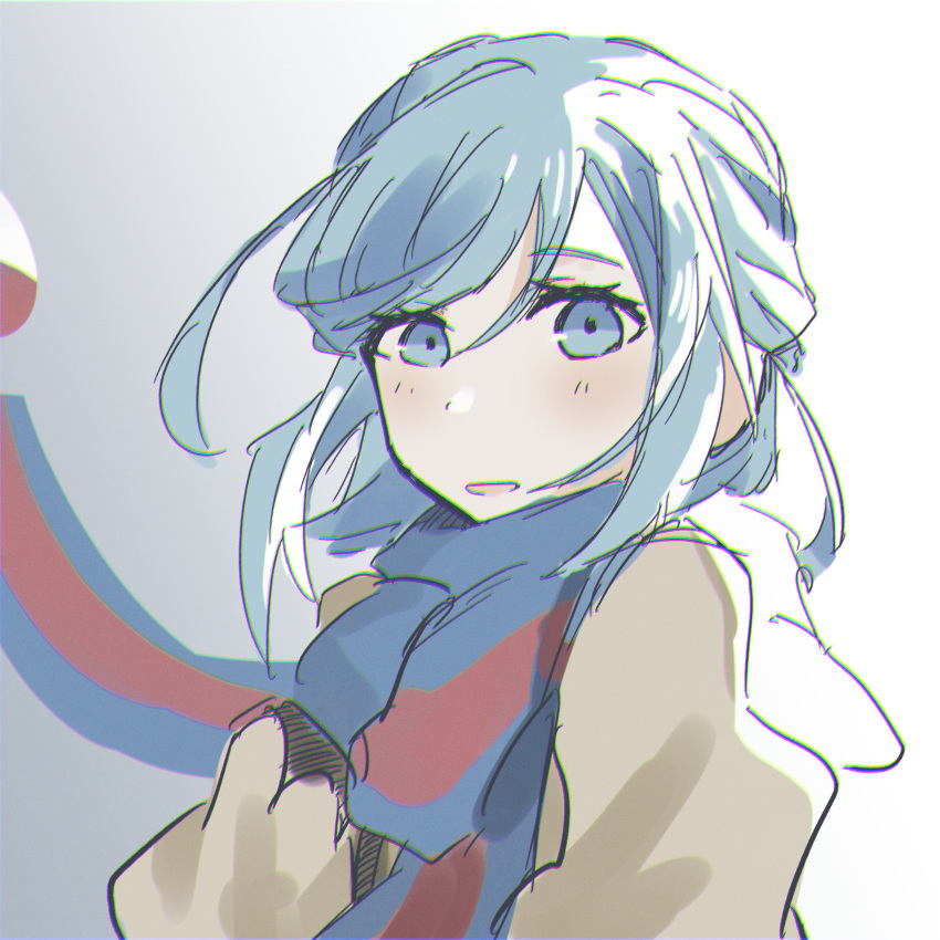 1boy absurdres blue_eyes blue_gloves blue_hair blue_scarf blush brown_sweater chromatic_aberration commentary_request gloves gradient_background grey_background grusha_(pokemon) hand_up highres long_hair long_sleeves looking_at_viewer male_focus mame_(pixiv_57985908) mittens open_mouth otoko_no_ko partial_commentary pokemon pokemon_(game) pokemon_sv scarf sidelocks simple_background sketch solo sweater swept_bangs two-tone_scarf upper_body