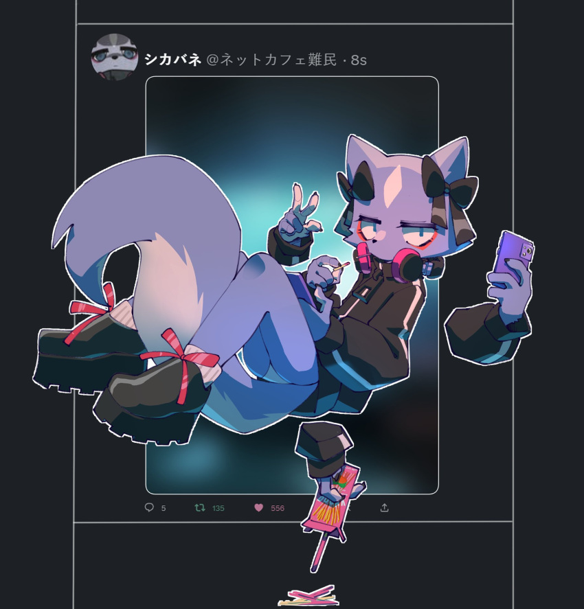 2023 accessory aggressive_retsuko anthro bow_ribbon cellphone clothing eye_bags female fluffy fluffy_tail food footwear fur gesture hair_accessory hair_bow hair_ribbon head_markings headphones headphones_around_neck hi_res jacket khatnid looking_at_viewer mammal markings mephitid panties phone pocky purple_body purple_fur ribbons sanrio shikabane shoes skunk solo tail topwear underwear