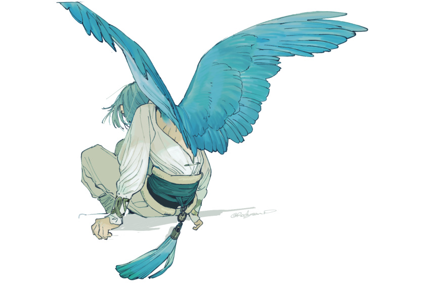 1boy armlet arms_at_sides backless_outfit backless_shirt bird_boy blue_hair blue_theme blue_wings commentary_request ear_piercing facing_away facing_down fake_tail feathered_wings from_behind grey_pants highres long_sleeves male_focus natsu_(rodysanp) pants personification piercing sash shirt short_hair simple_background sitting solo spread_wings tail tassel twitter twitter_bird twitter_username white_background white_shirt wings