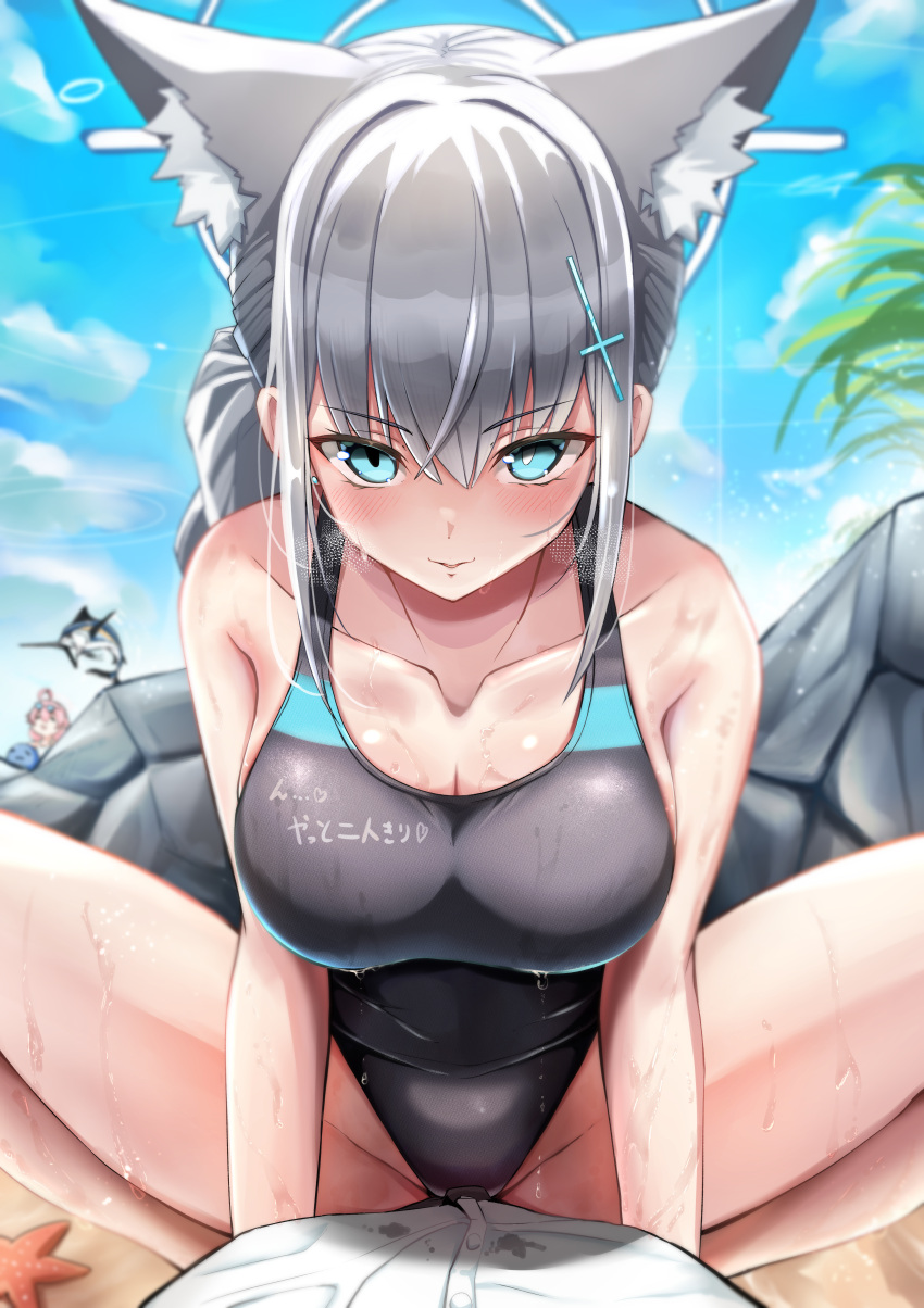1boy 2girls absurdres animal_ear_fluff animal_ears assertive_female blue_archive blue_eyes blush breasts breath collarbone competition_swimsuit covered_navel cross cross_hair_ornament extra_ears fish girl_on_top grey_hair hair_ornament halo heavy_breathing hetero highleg highleg_swimsuit highres hoshino_(blue_archive) hoshino_(swimsuit)_(blue_archive) inverted_cross kuromiz looking_at_viewer low_ponytail mismatched_pupils multicolored_clothes multicolored_swimsuit multiple_girls official_alternate_costume one-piece_swimsuit outdoors sensei_(blue_archive) shiroko_(blue_archive) shiroko_(swimsuit)_(blue_archive) sky solo_focus spread_legs straddling sweat swimsuit swordfish two-tone_swimsuit wet wet_clothes wet_swimsuit wolf_ears