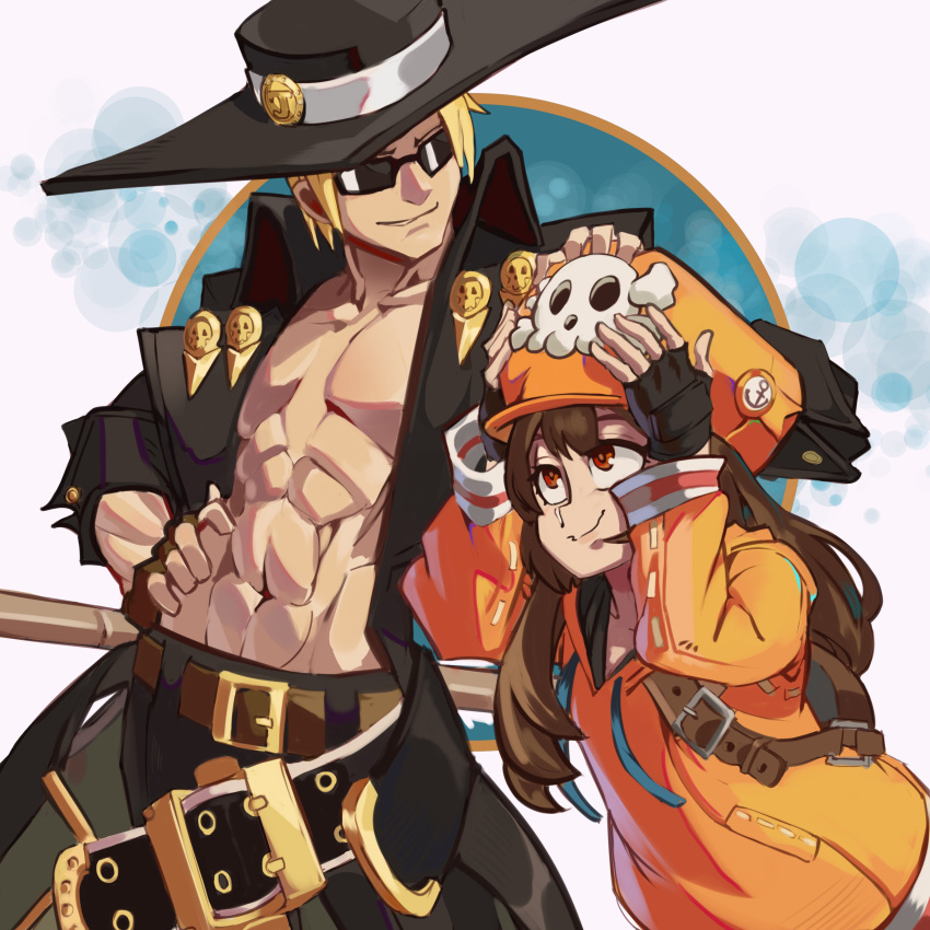 1boy 1girl abs absurdres adjusting_clothes adjusting_headwear black_gloves blonde_hair brown_hair cabbie_hat cowboy_hat fingerless_gloves gloves guilty_gear guilty_gear_strive guilty_gear_xrd hat hat_ornament highres hood hoodie johnny_(guilty_gear) long_hair long_sleeves looking_at_another may_(guilty_gear) moxydraws open_clothes orange_eyes orange_headwear orange_hoodie short_hair skull_and_crossbones skull_hat_ornament smile sunglasses
