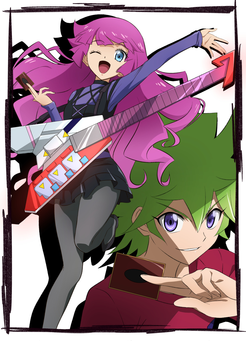 1boy 1girl absurdres black_skirt black_vest blue_eyes card duel_disk electric_guitar green_hair grey_pantyhose guitar hand_up highres hiroki_(vvkagerouvvr2) holding holding_card instrument kirishima_roa kirishima_romin long_hair miniskirt one_eye_closed open_mouth pantyhose purple_hair skirt vest yu-gi-oh! yu-gi-oh!_sevens