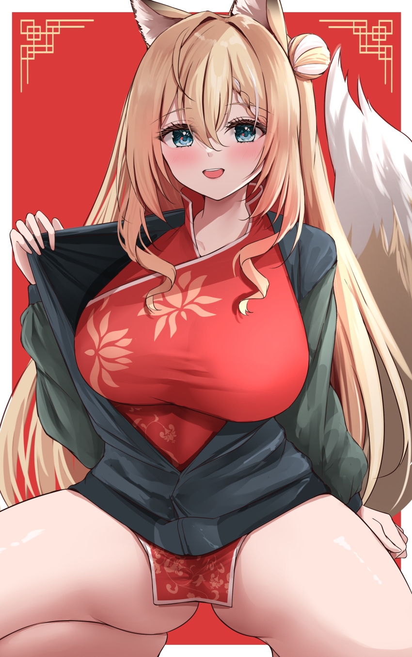 1girl :d absurdres animal_ears balut_(7676i) black_coat blonde_hair blue_eyes blush braid breasts china_dress chinese_clothes coat collarbone commentary_request commission dress eyelashes hair_between_eyes high_collar highres indie_virtual_youtuber koromo_naruru large_breasts long_hair looking_at_viewer open_clothes open_coat open_mouth red_background red_eyes simple_background skeb_commission smile solo spread_legs squatting tail teeth thighs upper_teeth_only very_long_hair virtual_youtuber