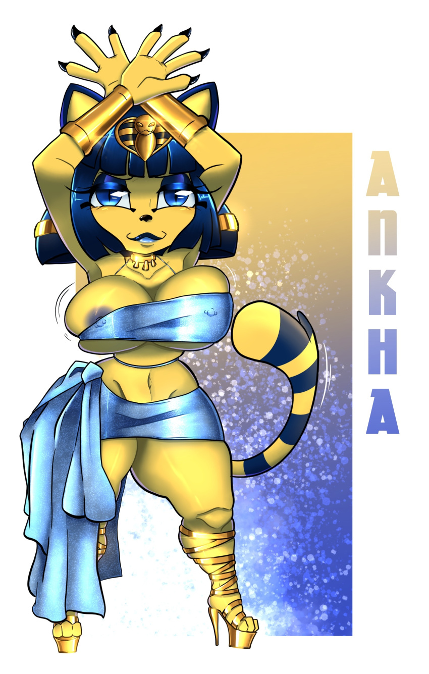 absurd_res animal_crossing ankha_(animal_crossing) anthro areola big_breasts black_nails blue_background blue_bottomwear blue_clothing blue_eyes blue_eyeshadow blue_hair blue_lipstick blue_stripes blue_topwear bottomwear bracelet breasts cleavage clothed clothing colored_nails domestic_cat egyptian_headdress eyeshadow felid feline felis female footwear fur gold_shoes hair hi_res high_heels huge_breasts jewelry lipstick looking_at_viewer makeup mammal markings nails navel necklace nintendo nipple_outline nipple_piercing nipple_slip nipples piercing platform_footwear platform_heels pupils purple_areola purple_nipples raccoon_sama raised_arms short_hair simple_background slit_pupils smile solo striped_markings striped_tail stripes tail tail_markings text thick_thighs topwear white_background wide_hips yellow_background yellow_body yellow_fur