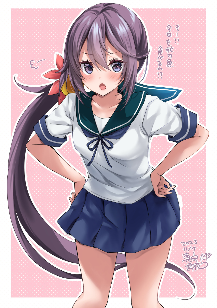 1girl absurdres akebono_(kancolle) bell blue_skirt blush border breasts collarbone commentary_request dated feet_out_of_frame flower green_sailor_collar hair_bell hair_flower hair_ornament hands_on_own_hips highres jingle_bell kantai_collection long_hair looking_at_viewer low_side_ponytail mashiro_yukiya medium_breasts neck_ribbon open_mouth outline patterned_background pink_background pleated_skirt purple_eyes purple_hair ribbon sailor_collar school_uniform serafuku shirt short_sleeves side_ponytail signature simple_background skirt standing thighs very_long_hair white_border white_outline white_shirt