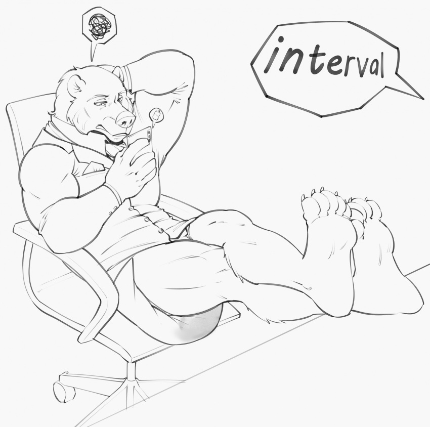 anthro bear bodily_fluids brown_bear chair clothed clothing diaper furniture genital_fluids grizzly_bear hair hi_res kuruk_(character) male mammal mane mane_hair office_chair partially_clothed phone shirt sitting solo topwear urine ursine used_diaper wearing_diaper wet_diaper wetting yeenyeenmike