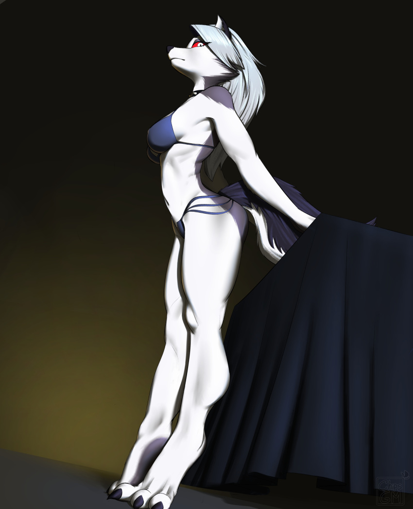 2023 absurd_res anthro big_breasts bikini breasts butt canid canid_demon canine canis chipsgm clothing collar demon digital_media_(artwork) female furniture grey_body hair hellhound helluva_boss hi_res long_hair looking_at_viewer looking_down loona_(helluva_boss) low-angle_view mammal navel nipple_outline paws pinup pose red_eyes red_sclera resting seductive simple_background small_waist solo swimwear table tail thick_thighs watermark white_body white_hair wolf