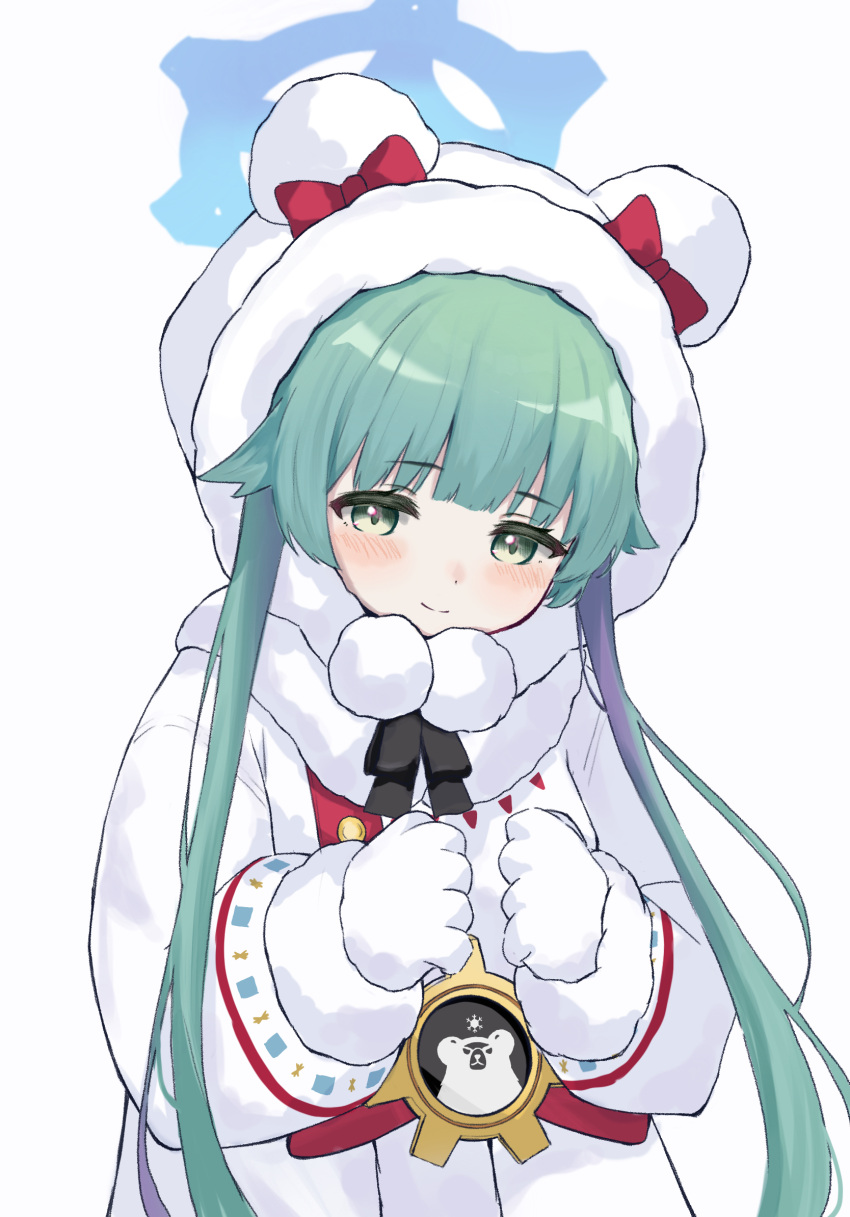 1girl animal_hood blue_archive blue_halo blush bow closed_mouth coat commentary cram960 fur-trimmed_coat fur-trimmed_hood fur_trim gloves green_eyes green_hair halo highres hood hood_up hooded_coat long_hair long_sleeves looking_at_viewer momiji_(blue_archive) red_bow sidelocks simple_background smile solo split_mouth upper_body white_background white_coat white_gloves winter_clothes winter_coat