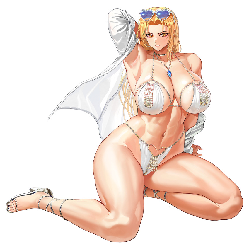 1girl abs arm_behind_head armpit_crease armpits bare_shoulders bikini blonde_hair blue_gemstone breasts cleavage collarbone earrings eyewear_on_head gem groin_tendon hair_intakes hand_on_ground heart heart-shaped_eyewear heart_o-ring heart_ring_bottom high_heels highres hoop_earrings huge_breasts jewelry last_origin linea_alba lips long_hair looking_at_viewer metal_bikini muscular muscular_female navel necklace o-ring o-ring_bikini official_alternate_costume official_art open_clothes open_mouth open_shirt queen_of_mane red_eyeliner see-through see-through_shirt shirt silver_footwear simple_background sitting skindentation slit_pupils small_head smile strappy_heels sunglasses swimsuit tachi-e taesi teeth third-party_source toeless_footwear transparent_background white_bikini white_shirt yellow_eyes yokozuwari
