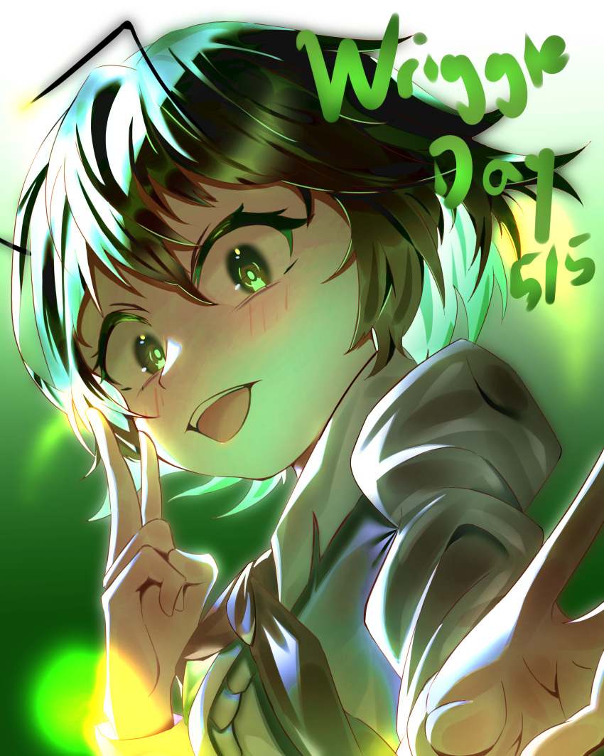 1girl absurdres antennae commentary dated green_background green_eyes green_hair highres long_sleeves looking_at_viewer open_mouth short_hair solo teeth touhou upper_body upper_teeth_only wriggle_day wriggle_nightbug yomatsuri_(festival_night)