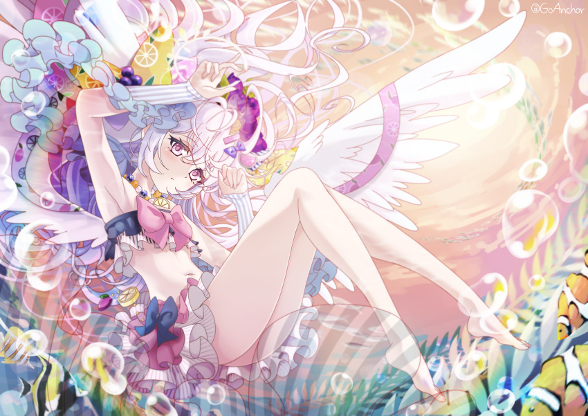 1girl absurdres arm_up armpits azusa_(blue_archive) azusa_(swimsuit)_(blue_archive) bare_legs barefoot bikini blue_archive breasts bubble clownfish fish frilled_bikini frills goanchor grey_hair highres large_wings looking_at_viewer presenting_armpit purple_eyes ribbon scenery small_breasts solo swimsuit twitter_username