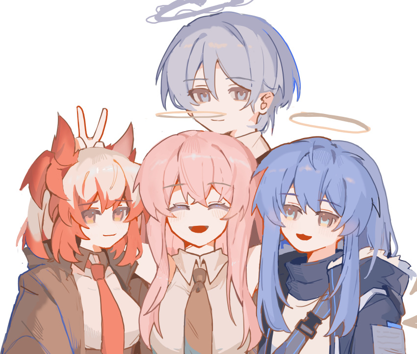 1boy 3girls absurdres andoain_(arknights) arknights blue_eyes blue_hair closed_eyes fiammetta_(arknights) grey_hair halo highres jacket lemuen_(arknights) long_hair mostima_(arknights) multicolored_hair multiple_girls necktie pingfang722 pink_hair red_hair shirt short_hair two-tone_hair upper_body v white_shirt