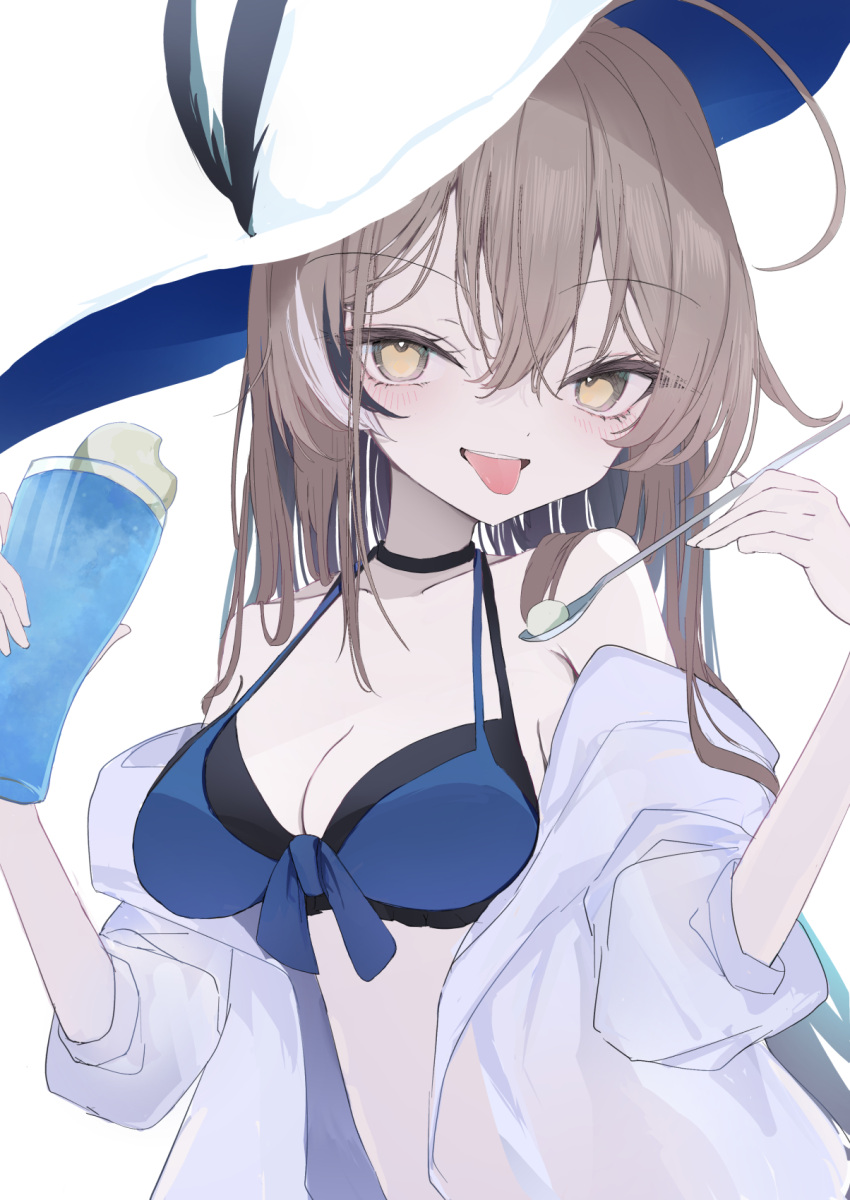 1girl ahoge alternate_costume bikini brown_eyes brown_hair crossed_bangs cup drink glass hat highres holding holding_cup holding_spoon hololive hololive_english inaba_reito jacket long_hair looking_at_viewer multicolored_hair nanashi_mumei off_shoulder see-through spoon streaked_hair sun_hat swimsuit tongue tongue_out very_long_hair virtual_youtuber white_jacket