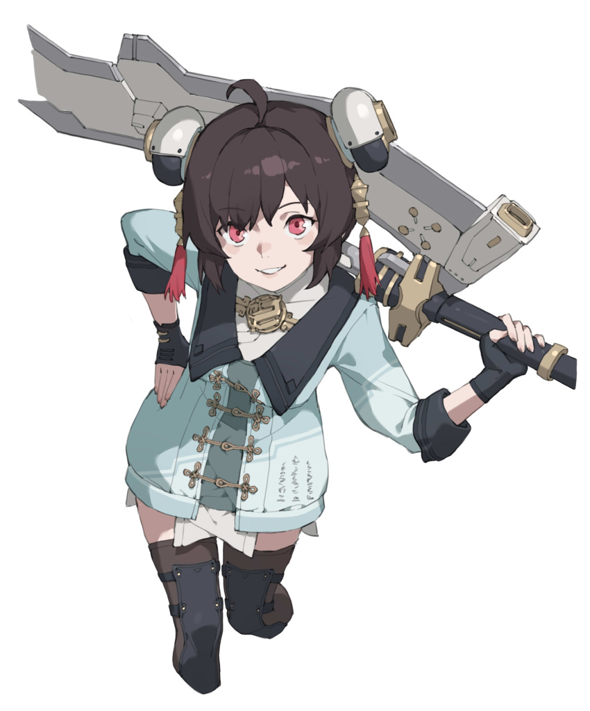 1girl absurdres ahoge aqua_coat brown_hair chinese_knot coat feet_out_of_frame fingerless_gloves gloves greatsword hair_ornament hairpods hand_on_own_hip highres holding holding_weapon knee_pads lapels looking_at_viewer nainainainainaiya over_shoulder parted_lips petite pulao:_dragontoll_(dragonwood)_(punishing:_gray_raven) pulao_(punishing:_gray_raven) punishing:_gray_raven red_eyes short_hair simple_background sleeves_rolled_up solo swept_bangs sword tassel tassel_hair_ornament thighhighs weapon weapon_over_shoulder white_background zettai_ryouiki