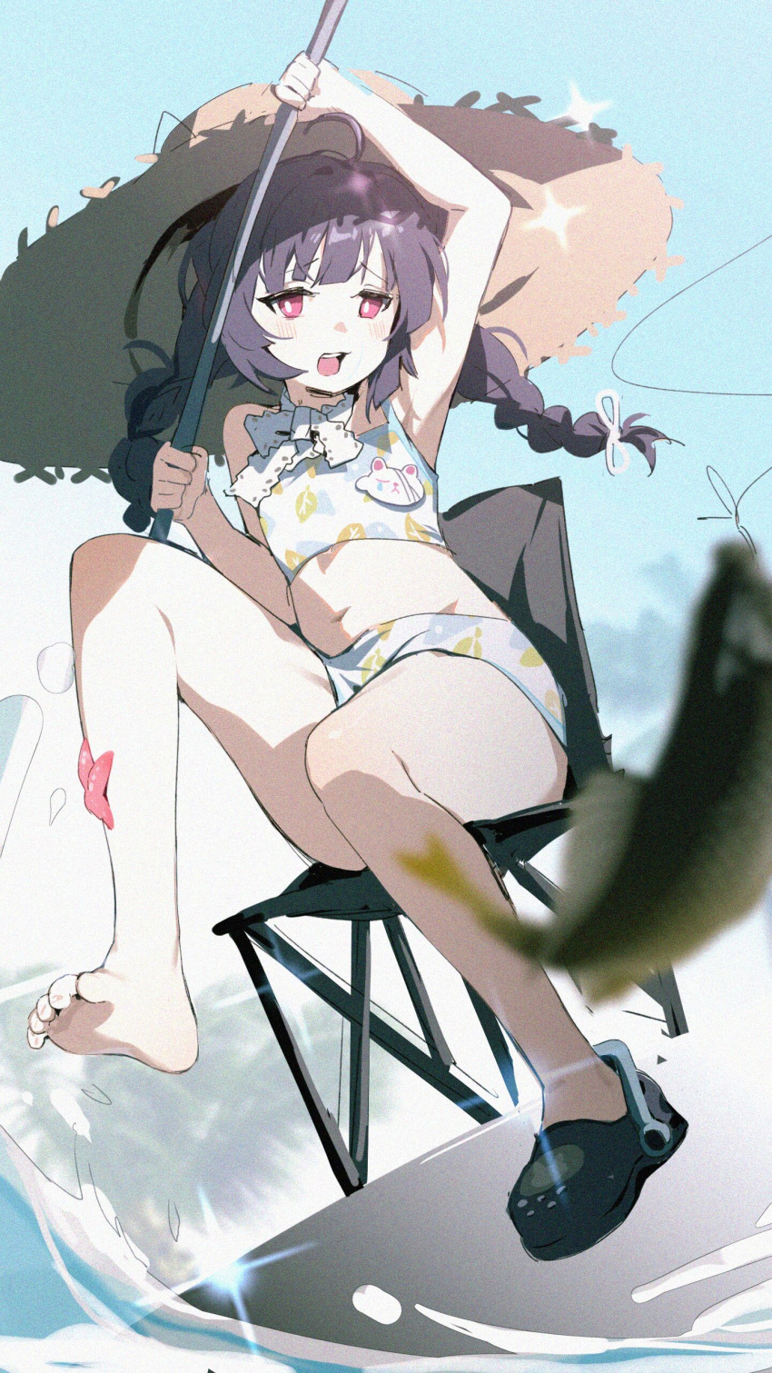 1girl absurdres ahoge arm_up barefoot bikini blue_archive blue_sky blurry blurry_foreground braid chinese_commentary commentary_request day dutch_angle feet fish fishing_line fishing_rod full_body hat highres holding inseki11 knee_up large_hat legs long_hair miyu_(blue_archive) miyu_(swimsuit)_(blue_archive) navel open_mouth pink_eyes print_bikini purple_hair shoes single_shoe sitting sky soles solo starfish straw_hat swimsuit teeth thighs toenails toes twin_braids upper_teeth_only white_bikini