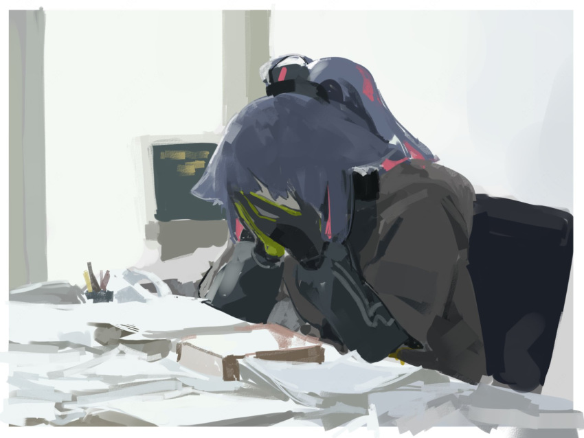 1girl animal_ears arknights black_gloves black_shirt blue_hair book cat_ears cat_girl commentary covering_face desk english_commentary facepalm gloves green_gloves hands_on_own_face highres jessica_(arknights) leaning_forward long_hair long_sleeves messy monitor multicolored_hair painterly paper pen_holder ponytail red_hair shinnasuka025 shirt sitting solo streaked_hair upper_body