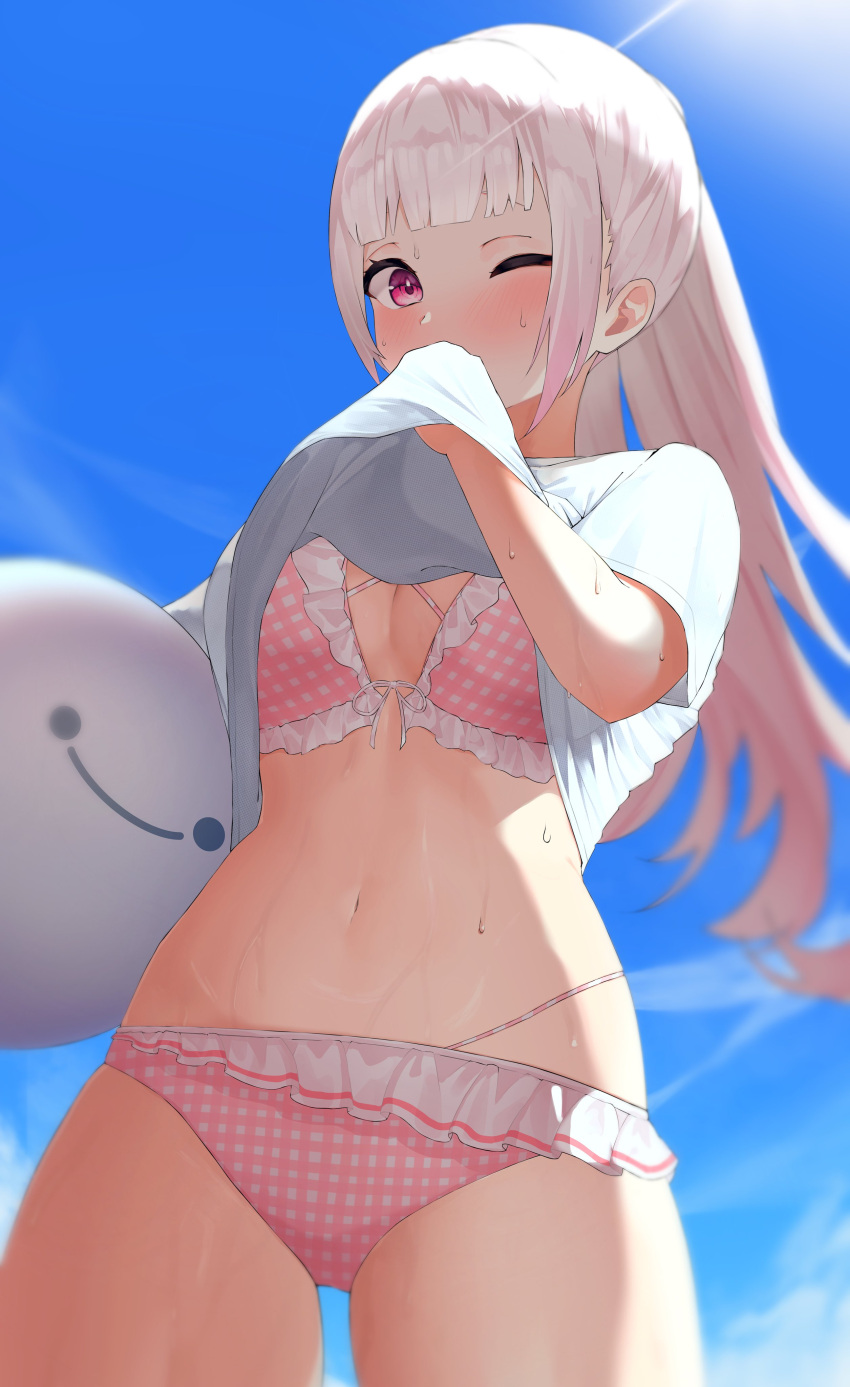 1girl absurdres ball beachball bikini blue_sky blunt_bangs blush breasts clothes_lift day frilled_bikini frills gradient_hair highres ko_me_9 large_breasts long_hair looking_at_viewer multi-strapped_bikini_top multicolored_hair navel nijisanji official_alternate_costume one_eye_closed pink_bikini pink_eyes pink_hair plaid plaid_bikini ponytail shiina_yuika shiina_yuika_(6th_costume) shirt shirt_lift short_sleeves sky solo stomach sun swimsuit t-shirt virtual_youtuber wet white_hair white_shirt wiping