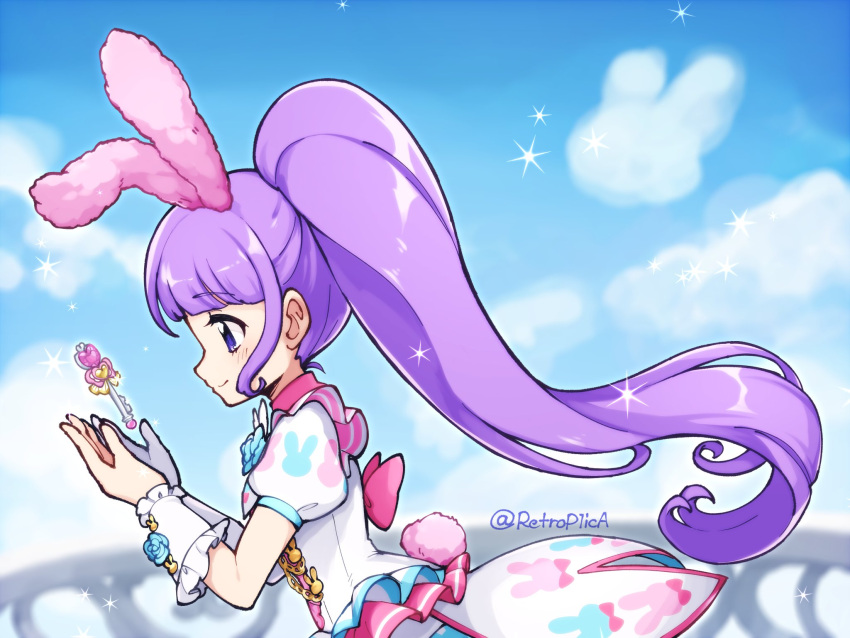 1girl animal_ears blue_sky blunt_bangs closed_mouth cloud coattails commentary_request day dress fake_animal_ears fake_tail from_side hands_up highres idol_clothes idol_land_pripara key long_hair manaka_non nana_(retroplica) outdoors ponytail pretty_(series) pripara profile puffy_short_sleeves puffy_sleeves purple_eyes purple_hair rabbit_ears rabbit_tail shaped_cloud short_sleeves sidelocks sky smile solo tail upper_body very_long_hair white_dress wrist_cuffs