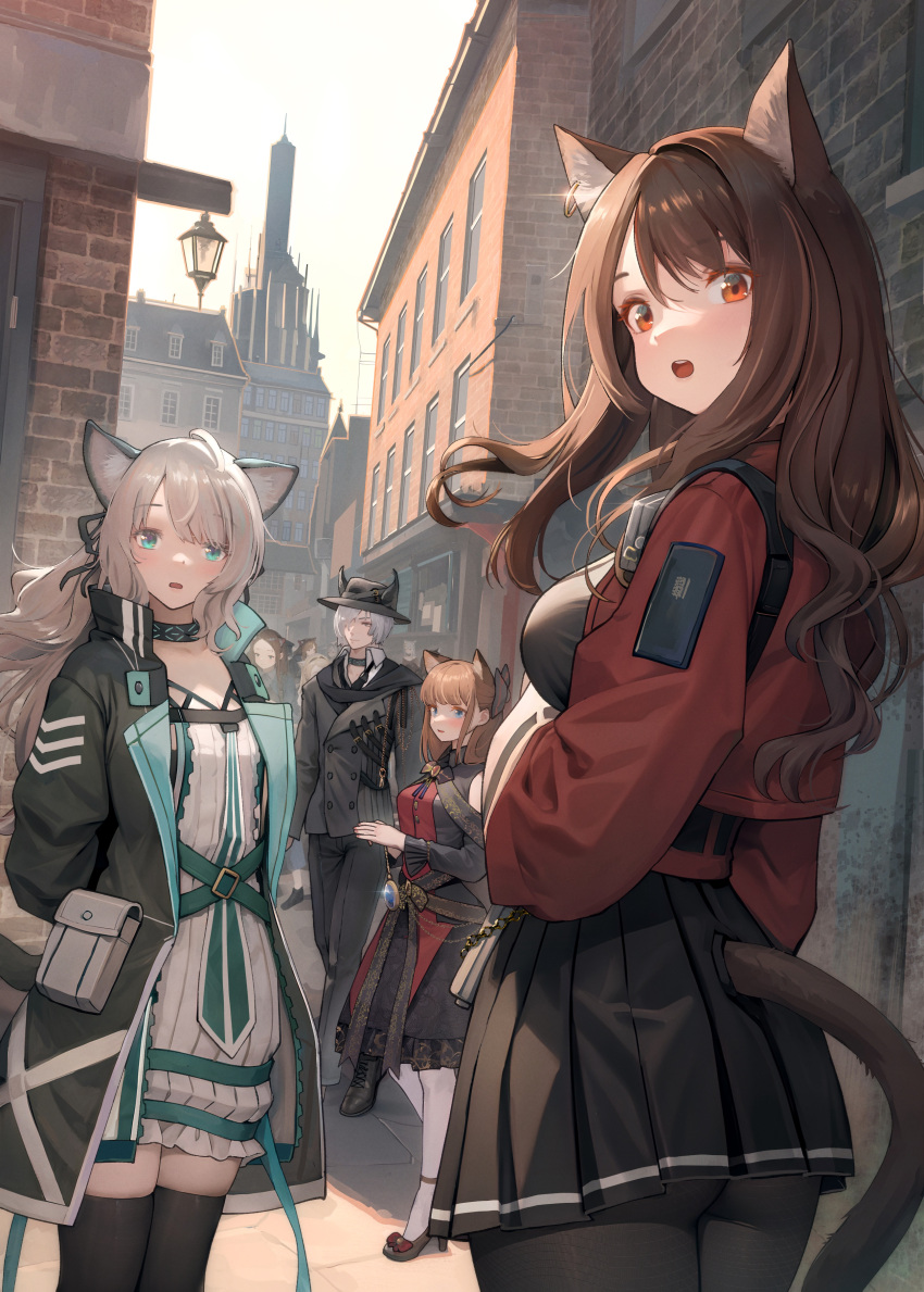 1boy 3girls absurdres alternate_hair_color animal_ear_fluff animal_ears arknights arms_behind_back ass black_dress black_headwear black_jacket black_pantyhose black_skirt black_thighhighs blue_eyes blush breasts brown_hair cat_boy cat_ears cat_girl cat_tail city collar collarbone day dress ears_through_headwear formal from_behind grey_hair hat highres infection_monitor_(arknights) iris_(arknights) iris_(mirror_visitor)_(arknights) jacket lantern large_breasts layered_dress long_hair long_sleeves looking_at_viewer looking_back mint_(arknights) multiple_girls official_alternate_costume open_clothes open_jacket open_mouth outdoors pantyhose people phantom_(arknights) pleated_skirt pocket_watch red_dress red_eyes red_jacket skirt skyfire_(arknights) suit sunlight tail tail_through_clothes thighhighs watch welt_(kinsei_koutenkyoku) white_dress white_pantyhose zettai_ryouiki