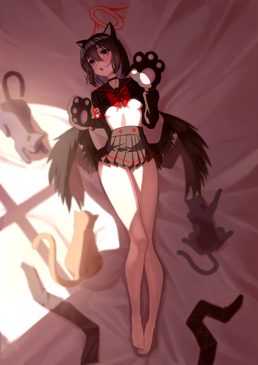 1girl absurdres animal_ears animal_hands bare_legs barefoot black_hair black_wings blue_archive blush breasts cat cat_ears cat_paws crop_top feathered_wings feet full_body gloves halo highres legwear_removed long_sleeves looking_at_viewer lying mashiro_(blue_archive) navel on_back open_mouth paw_gloves pleated_skirt purple_eyes sailor_collar school_uniform short_hair skirt td_(tandeom97) underboob wings