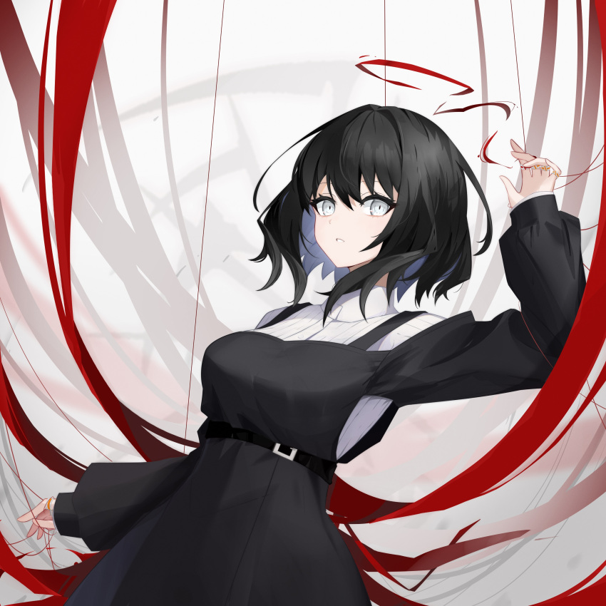 1girl absurdres alchemy_stars anri_(user_ncce8585) arm_up belt black_dress black_hair breasts clothing_cutout dress grey_eyes hair_intakes halo highres jewelry lenore_(alchemy_stars) long_sleeves looking_at_viewer medium_breasts medium_hair multiple_rings off-shoulder_dress off_shoulder open_mouth puffy_long_sleeves puffy_sleeves ring shirt sleeves_past_wrists solo string turtleneck upper_body white_shirt