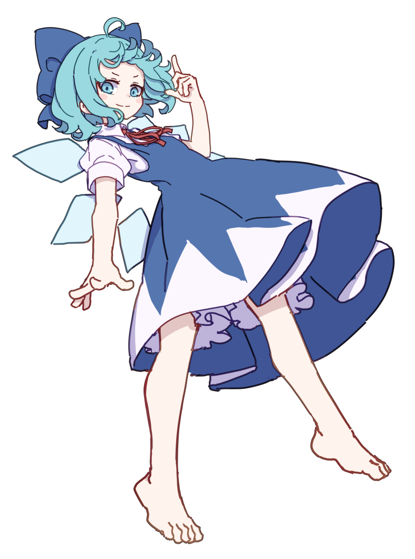 1girl absurdres barefoot blue_bow blue_dress blue_eyes blue_hair blush_stickers bow cirno closed_mouth collared_shirt detached_wings dress fairy full_body hair_bow highres ice ice_wings kame_(kamepan44231) one-hour_drawing_challenge shirt short_hair short_sleeves simple_background smile solo touhou white_background white_shirt wings