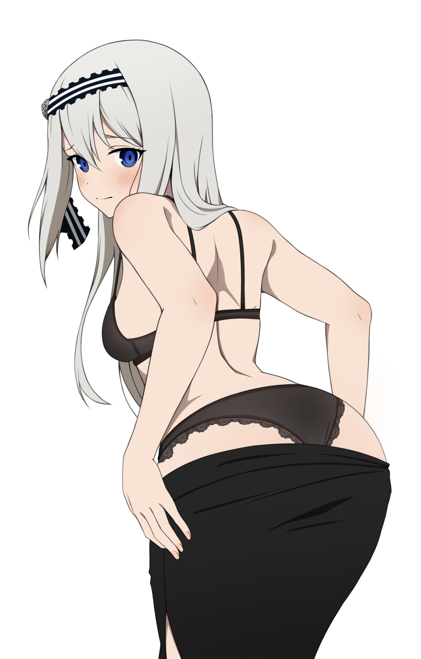 1girl absurdres bare_shoulders black_hairband blue_eyes blush bra breasts clothes_pull coro_fae grey_hair hairband highres kaguya-sama_wa_kokurasetai_~tensai-tachi_no_renai_zunousen~ lace-trimmed_panties lace_trim long_hair looking_at_viewer looking_back medium_breasts panties pencil_skirt shirogane_kei skirt skirt_pull solo underwear white_background