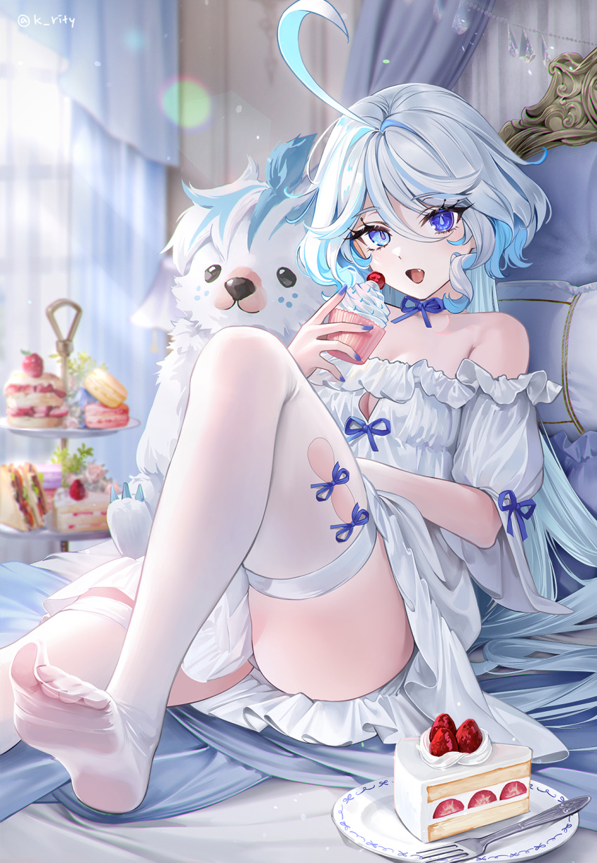 1girl ahoge bed blue_eyes blue_ribbon cake cake_slice cupcake dress eating feet food furina_(genshin_impact) genshin_impact highres holding holding_food legs looking_at_viewer no_shoes open_mouth plate ribbon rity soles thighhighs thighs white_curtains white_dress white_hair white_thighhighs