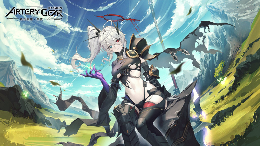1girl ahoge armor artery_gear artery_gear:_fusion artist_request breasts character_request clarice_(artery_gear) cloud copyright_name green_eyes grey_hair hair_ornament heterochromia highres huge_ahoge large_breasts long_hair long_sleeves mountain navel red_eyes scenery second-party_source shoulder_armor side_ponytail single_sleeve sitting solo torn_clothes weapon wide_sleeves