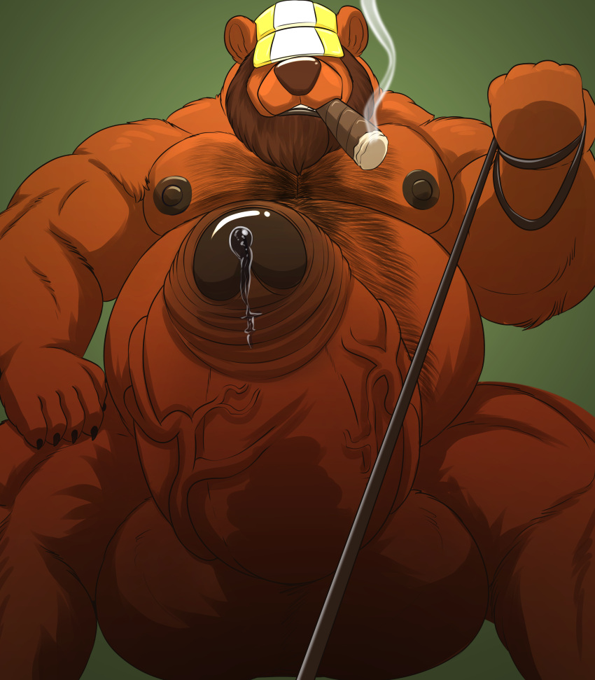 absurd_res anthro armor balls bear beard belly belly_overhang big_balls big_belly big_penis bodily_fluids body_hair brent_(n0rdbara) brown_body chest_hair cigar cum digital_media_(artwork) dripping erection facial_hair first_person_view foreskin fur galvinwolf genital_fluids genitals hair hairy hairy_belly hard_hat headgear helmet hi_res huge_balls huge_belly huge_cigar huge_penis humanoid_genitalia humanoid_penis hybrid hyper hyper_balls hyper_genitalia hyper_penis leaking_precum leash leash_pull leashed_pov looking_at_viewer male mammal mephitid morbidly_obese muscular muscular_anthro muscular_male nipples nude obese overweight overweight_anthro overweight_male pecs penis precum precum_drip precum_on_penis simple_background skunk smoking smoking_cigar solo solo_focus vein veiny_penis