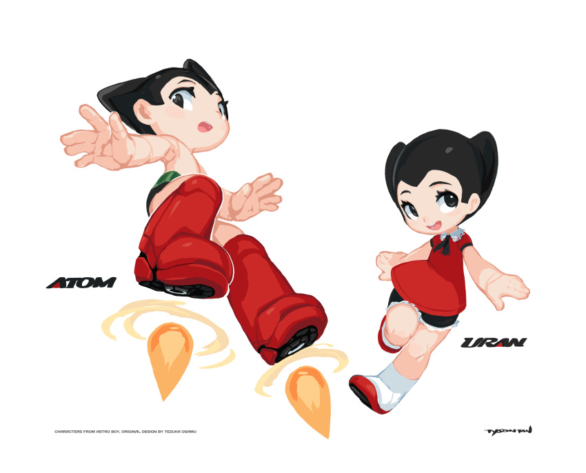 1boy 1girl artist_name atom_(tetsuwan_atom) black_eyes black_hair black_ribbon black_shorts black_skirt character_name collared_shirt copyright_name eyelashes highres mecha open_mouth red_footwear red_shirt ribbon robot rocket_boots shirt shorts siblings simple_background skirt socks teeth tetsuwan_atom topless_male tyson_tan upper_teeth_only uran_(tetsuwan_atom) white_background white_socks