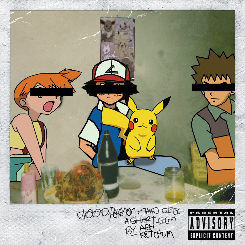 absurd_res album_cover anthro ash_ketchum black_bars black_hair bottle brock_(pokemon) brown_hair chair charmander clothing container cover eevee female feral flower furniture generation_1_pokemon good_kid_m.a.a.d._city group gym_leader hair hat headgear headwear hi_res human jar kendrick_lamar legendary_pokemon maha_sattva male mammal mewtwo misty_(pokemon) nintendo parental_advisory_sticker parody pikachu plant pokemon pokemon_(species) poster red_hair squirtle table