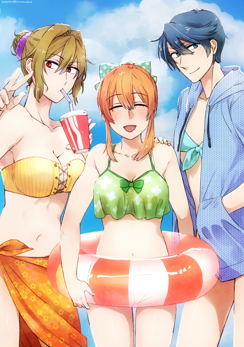 3girls absurdres bikini blue_bikini blue_eyes blue_hoodie bow breasts brown_hair cleavage closed_eyes commentary_request dress drinking flat_chest gekkan_shoujo_nozaki-kun green_bikini hair_bow hair_bun hair_ornament hair_scrunchie hand_on_another's_shoulder hands_in_pockets highres hood hoodie innertube kashima_yuu large_breasts medium_breasts multiple_girls muramaru navel orange_hair orange_skirt polka_dot polka_dot_bow red_eyes sakura_chiyo scrunchie seo_yuzuki short_hair sidelocks single_hair_bun skirt strapless strapless_dress swimsuit v yellow_bikini