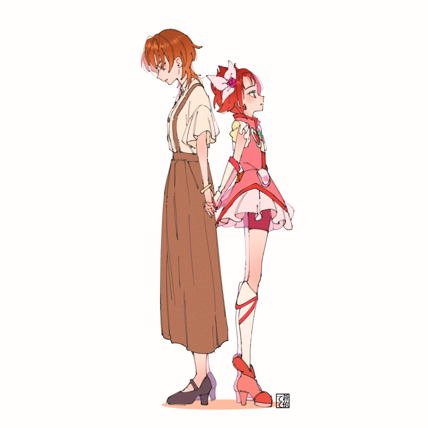 2girls aged_up artist_logo bike_shorts bike_shorts_under_skirt boots brooch brown_eyes brown_hair butterfly_brooch commentary_request cure_rouge dual_persona earrings eyelashes hair_ornament high_heel_boots high_heels highres jewelry kibou_no_chikara_~otona_precure_'23~ looking_to_the_side magical_girl multiple_girls natsuki_rin precure red_eyes red_hair red_vest sad short_hair shorts shorts_under_skirt signature simple_background skirt spiked_hair standing tete_a vest white_background wrist_cuffs yes!_precure_5