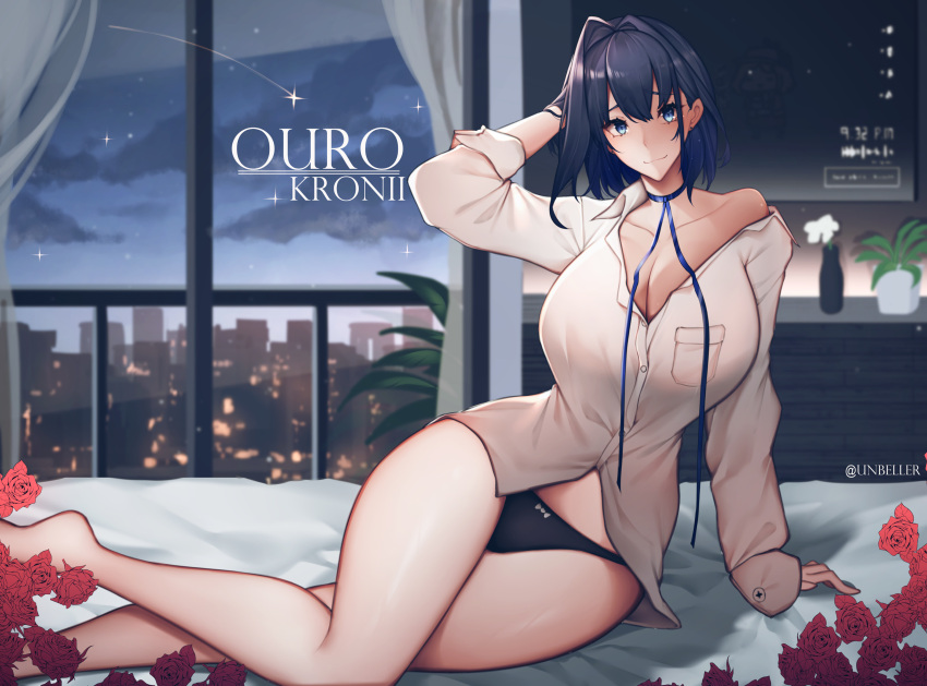 1girl absurdres arm_support blue_eyes blue_hair blue_ribbon bow bow_panties breast_pocket breasts character_name cityscape cleavage clock closed_mouth commentary dress_shirt flower highres hololive hololive_english large_breasts light_smile medium_hair night night_sky on_bed ouro_kronii panties plant pocket potted_plant railing red_flower red_rose ribbon rose shirt short_hair single_bare_shoulder sky star_(sky) starry_sky symbol-only_commentary television timestamp twitter_username unbeller underwear white_shirt window