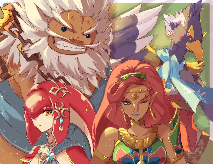 2boys 2girls beak beard bird_boy black_eyes body_fur breasts chain colored_skin dark-skinned_female dark_skin daruk earrings facial_hair fins fish_girl furry furry_male gerudo goron grey_hair grin hair_ornament jewelry long_hair looking_at_viewer makeup mipha monster_girl multicolored_skin multiple_boys multiple_girls no_eyebrows orange_eyes pointy_ears portrait red_hair red_skin revali rito seri_(yuukasakura) smile teeth the_legend_of_zelda the_legend_of_zelda:_breath_of_the_wild urbosa watermark zora