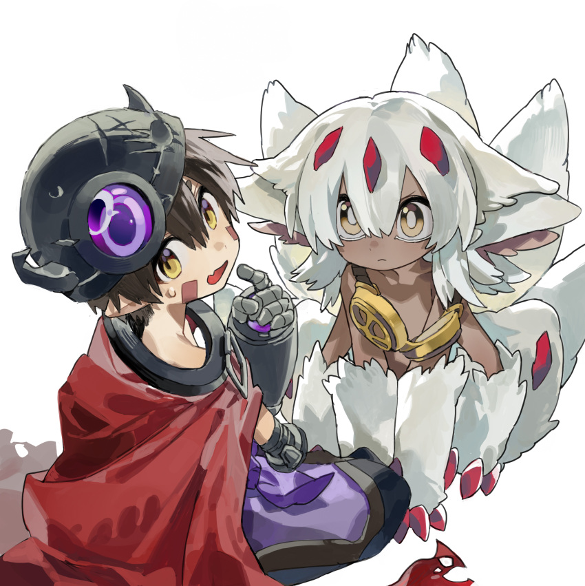 &gt;:( 1boy 1girl animal_ears body_fur bright_pupils claws cloak dark-skinned_female dark_skin extra_arms fake_horns fang faputa from_side full_body hand_up helmet highres hikimayu horned_helmet horns index_finger_raised looking_at_another looking_back made_in_abyss mechanical_arms medium_hair monster_girl multiple_horns multiple_tails open_mouth pointy_ears red_cloak red_horns regu_(made_in_abyss) scratches seeshin_see shoulder_belt simple_background sitting skin_fang sweatdrop tail torn_cloak torn_clothes v-shaped_eyebrows white_background white_fur white_hair white_pupils yellow_eyes